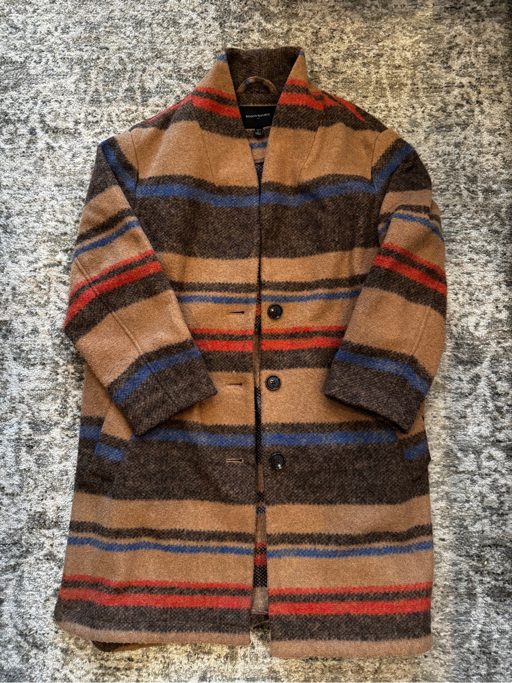 Banana Republic Camel Striped Faux Wool-Blend Pea Coat with Brown, Blue & Red